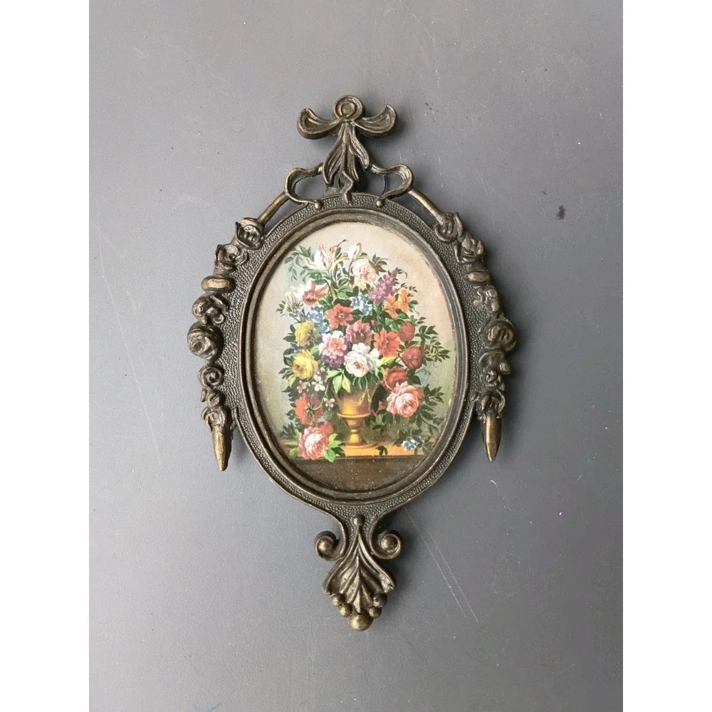 Oval Brass Ornate Frame- Floral Picture -Italy 6.5